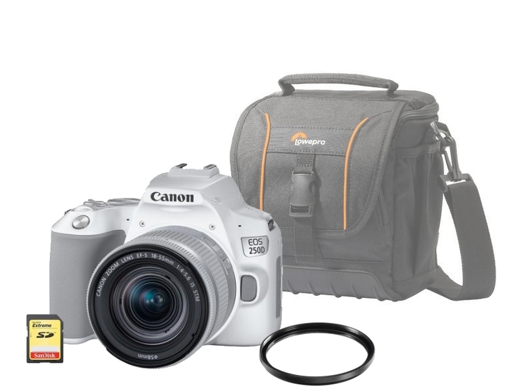 Canon EOS 250D + 18-55mm IS STM biely + UV filter + brašňa + 64GB karta