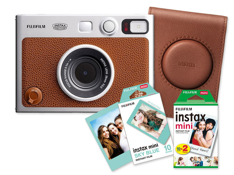 Fujifilm Instax mini EVO hnedý + puzdro + Instax Mini film 20ks + Instax Mini film Blue frame