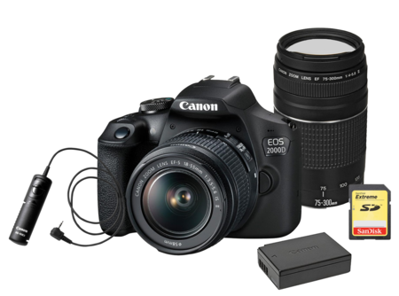 Canon EOS 2000D + 18-55mm IS II + 75-300mm III + 2. akumulátor + kablová spúšť RS-60E3 + 32GB SDHC