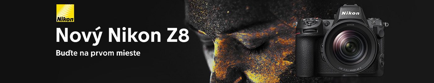 Reklamný baner s fotoaparátom Nikon Z8 a nápisom „Nový Nikon Z8. Buďte na prvom mieste“. V pozadí je tvár s farebným efektom. Reklamný baner s fotoaparátom Nikon Z8 a nápisom „Nový Nikon Z8. Buďte na prvom mieste“. V pozadí je tvár s farebným efektom.