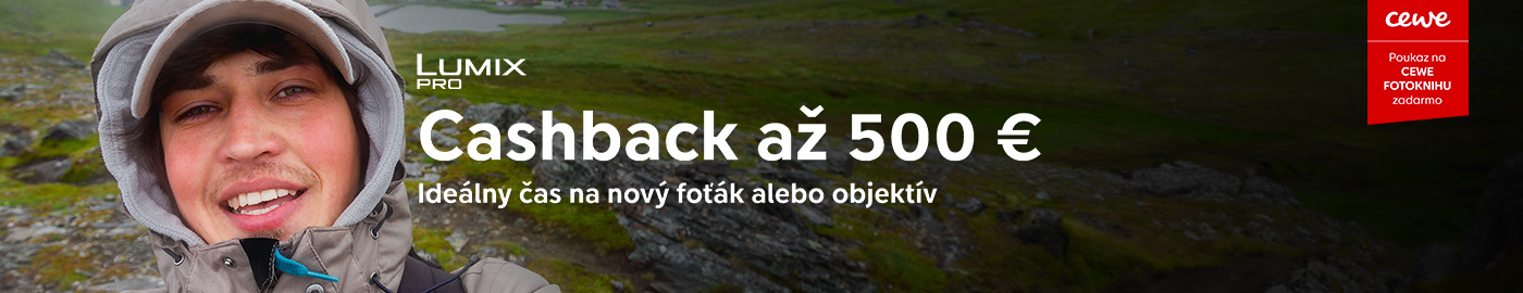 Banner propagujúci cashback až 500 € na fotoaparáty a objektívy značky Lumix, s prírodnou krajinou v pozadí.