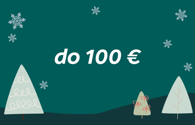 Zimná krajina s vianočnými stromčekmi, padajúce snehové vločky a text „do 100 €“