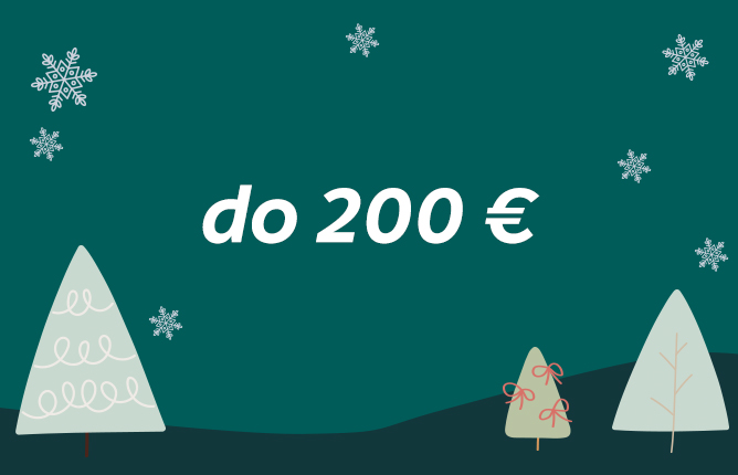 Zelené pozadie s ozdobenými vianočnými stromčekmi a vločkami s bielym textom „do 200 €“