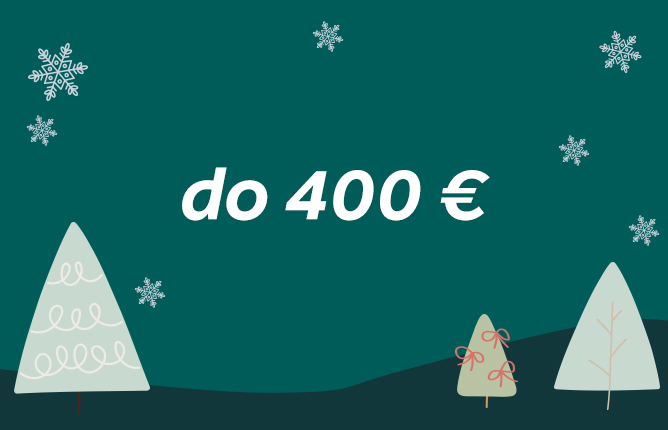 Text na obrázku: do 400 €  
Zimná krajina so zasneženými stromčekmi a vločkami na tmavozelenom pozadí