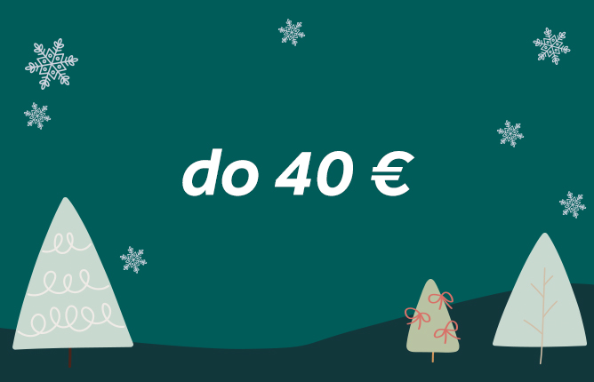 Text na obrázku: do 40 €. Kreslené vianočné stromčeky na tmavozelenom pozadí so snehovými vločkami